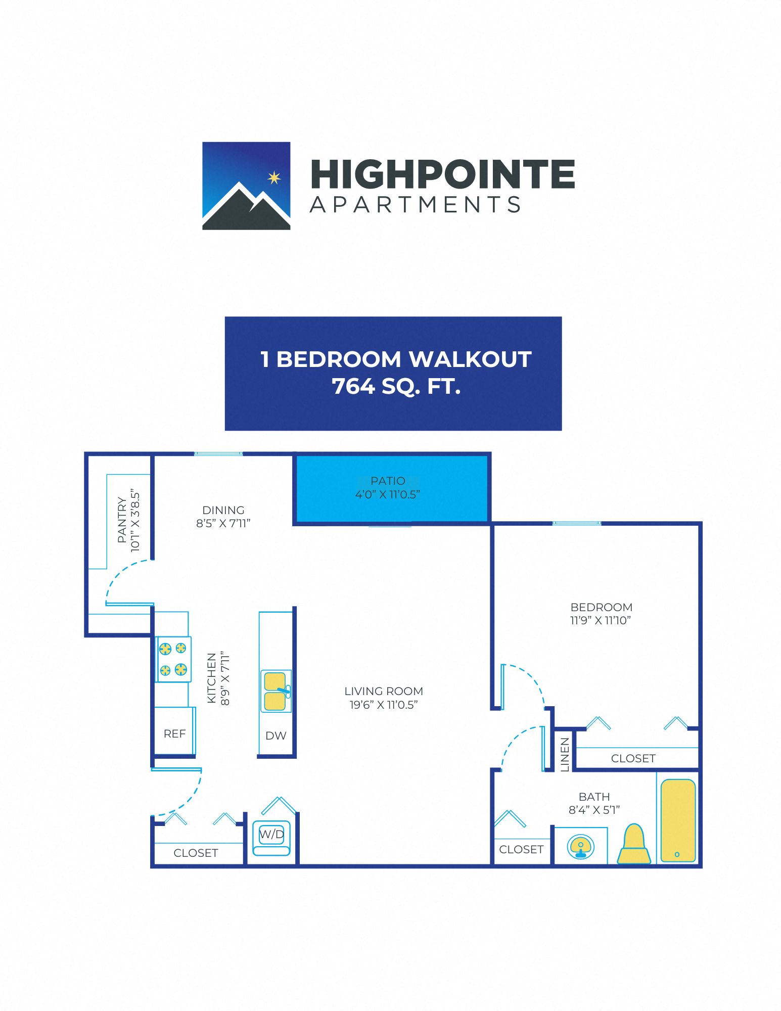 Floor plan for 1 bed, 1 bath, 764 sqft